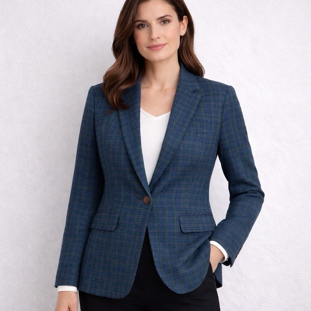 J.Crew Somerset Blazer Womens 2 Blue Green Plaid Wool Career Preppy